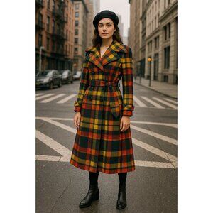 Vintage 70s Plaid Wool Trench Coat Belted Double Breasted Long Jacket Retro Chec